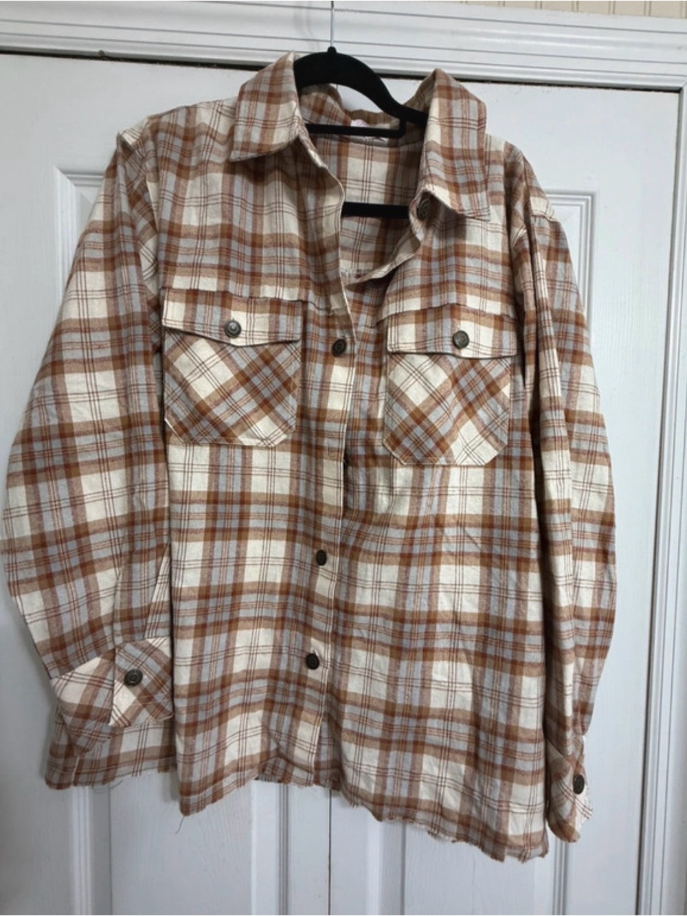 Pink Lily Plaid Button-Down Shirt in Cream & Brown